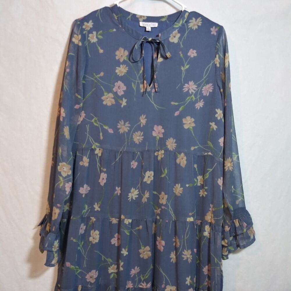 Patrons of Peace Blue Floral Bishop Sleeve Midi Semi Sheer Size M - Picture 3 of 7
